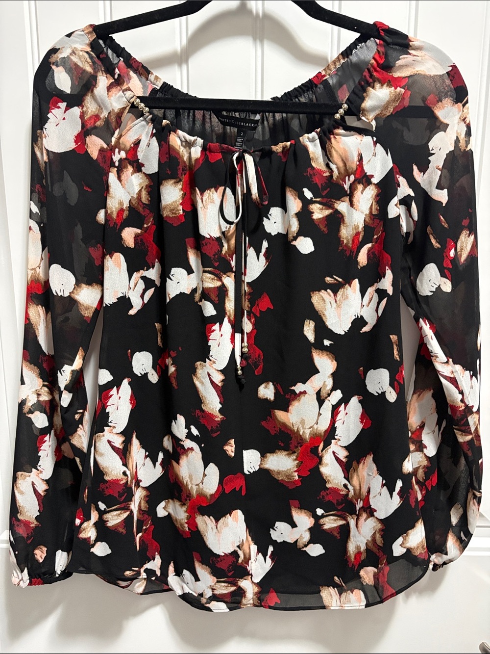 White House Black Market Size 2 Floral Sheer Sleeve Lined Blouse